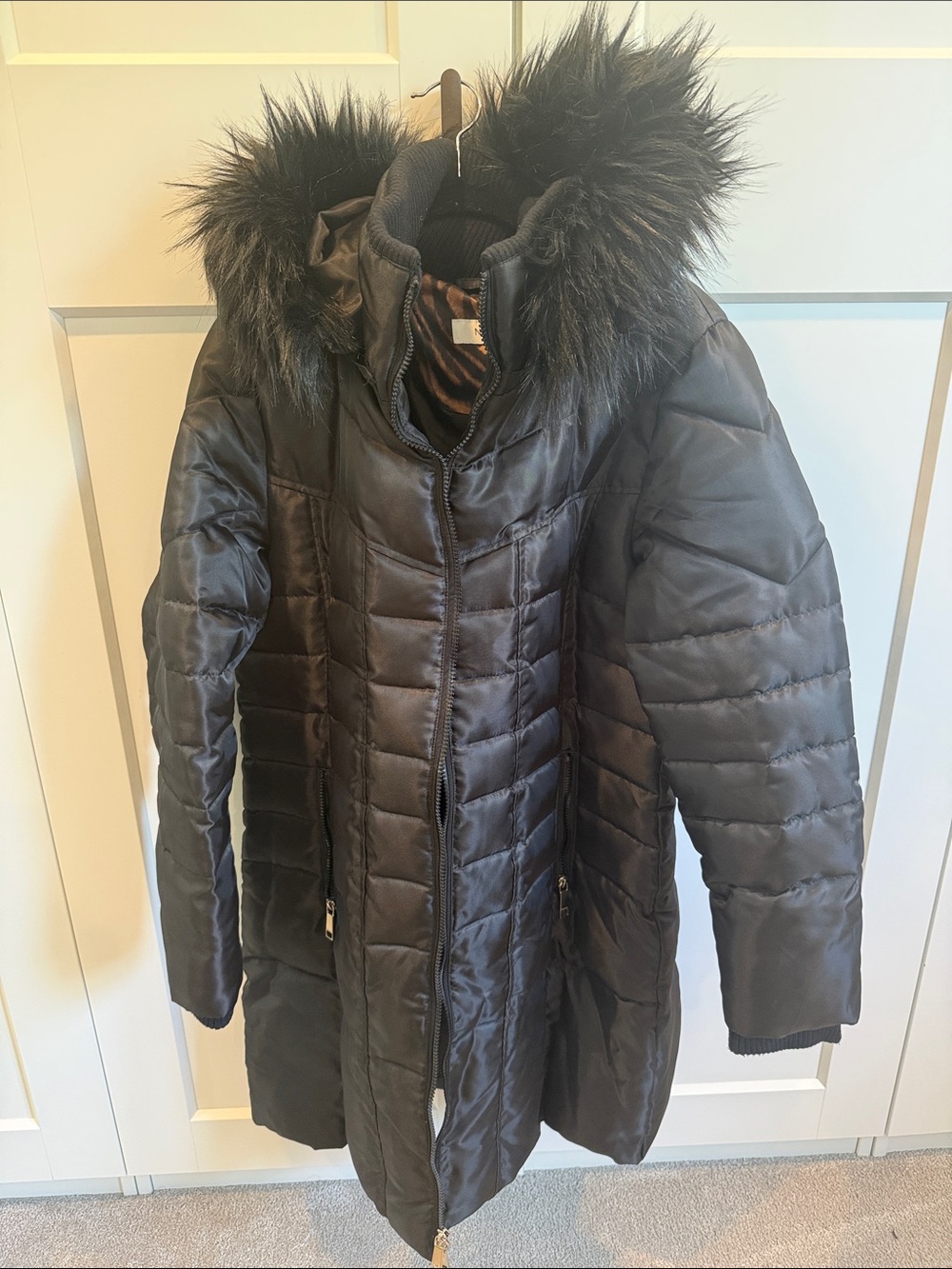 Nine West Black Faux-Fur Hooded Long Puffer Coat